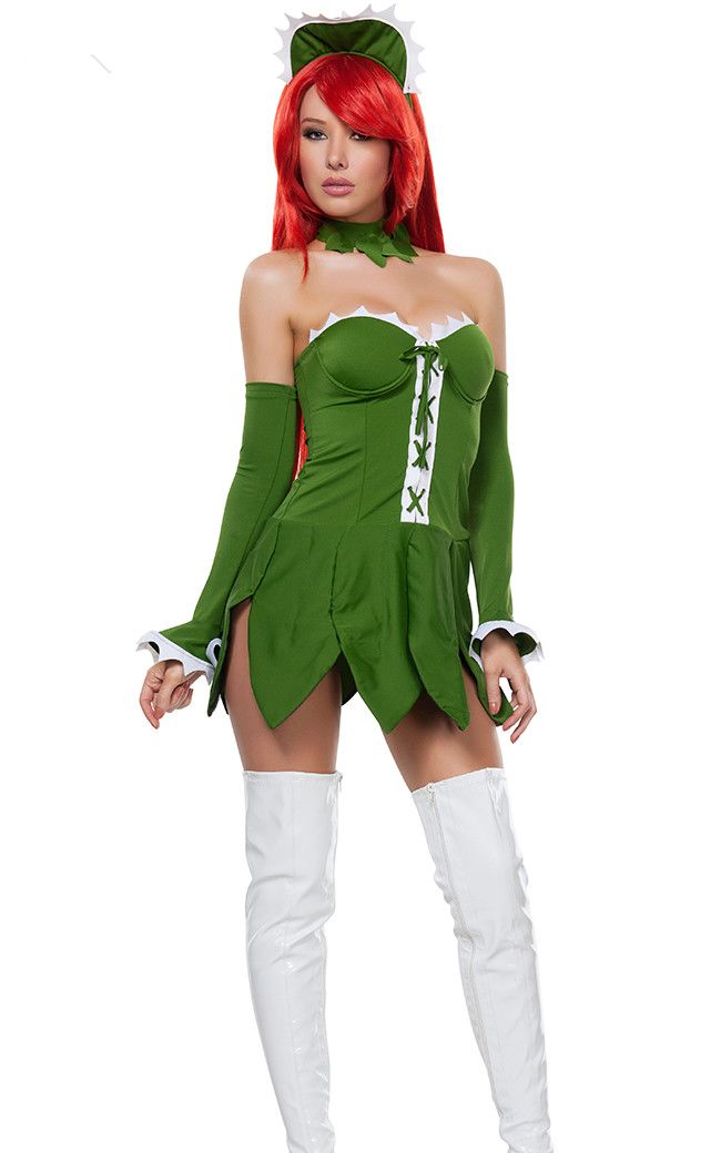 F1580 Green and White Strapless Halloween Costume with Big Flower Hemline